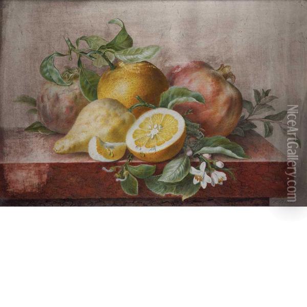 Still Life With Oranges, Pomegranates, Leaves, A Sprig Of Mintand Orange Flowers Oil Painting - Pancrace Bessa