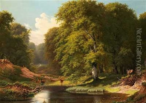 Skovparti Med Kronhjort Og Dennes Rudel Ved En So (fra Dyrehaven?) Oil Painting - August Carl Vilhelm Thomsen