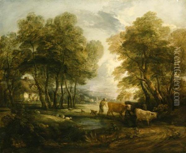 A Wooded Landscape With 
Herdsmen, Cows And Sheep Near A Pool,figures Outside A Cottage Beyond Oil Painting - Thomas Gainsborough