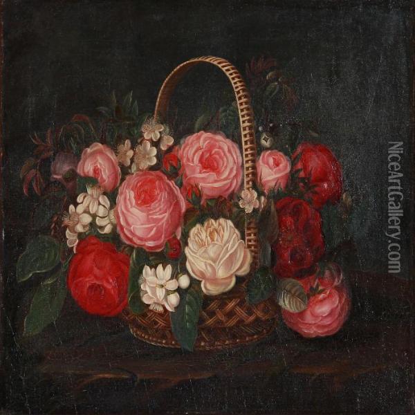 Still Life With Roses In A Basket Oil Painting - I.L. Jensen