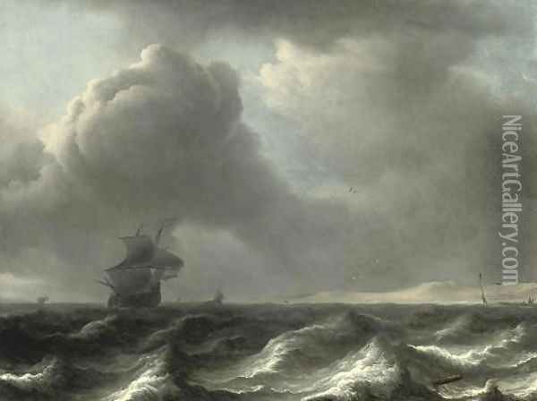 A 'wijdschip' in choppy waters, other vessels beyond Oil Painting - Aernout Smit