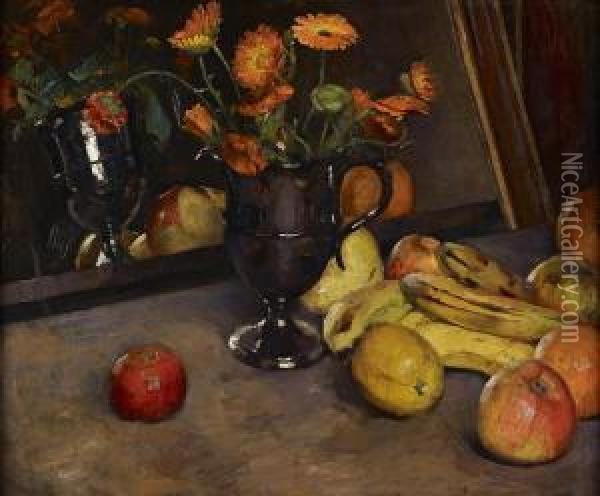 A Still Life Of Fruit And Marigolds Oil Painting - Edward Drummond Young
