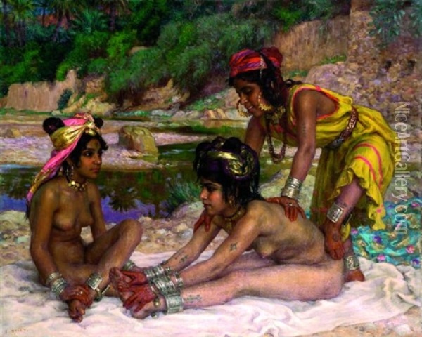Baigneuses Dans L'oued, Le Massage Oil Painting - Alphonse Etienne Dinet
