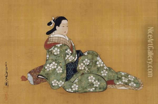 Beauty Leaning On Armrest Oil Painting - Miyagawa Choshun