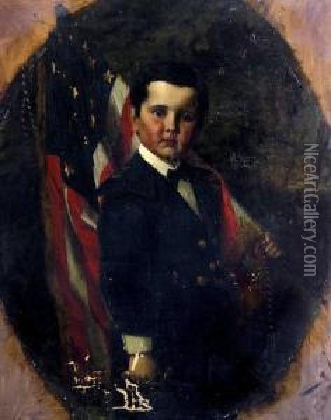 Portrait Of A Young Boy With Americanflag Oil Painting - Toby Edward Rosenthal