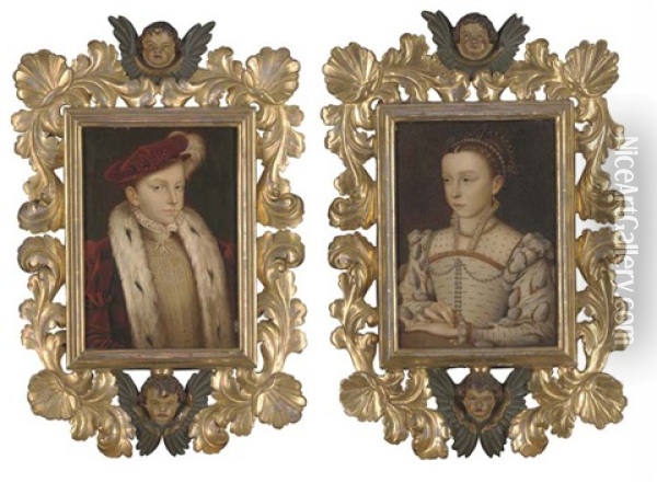 Portrait Of A Young Boy (king Edward Vi?), Small Bust-length, In An Ermine Trimmed Coat And A Red Velvet Cap (+ Portrait Of Young Girl, In A White And Gold Embroidered Dress; Pair) Oil Painting - Francois Clouet