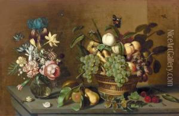 Stillleben Mit Fruchtkorb Und Blumenvase. Oil Painting - Ambrosius the Younger Bosschaert