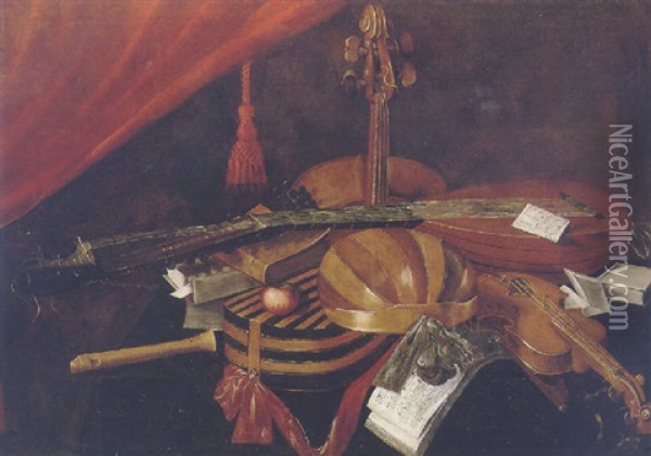 Still Life Of Lutes, A Violin, Cello, Recorder, Books And Sheet Music On A Table Top Oil Painting - Evaristo Baschenis