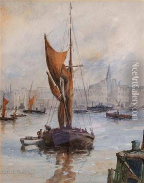 A Fishing Boat In A Harbour Oil Painting - Henry Jobson Bell
