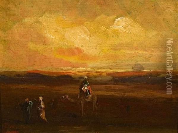 La Caravane Dans Le Desert. Oil Painting - Ch. Theodore, Bey Frere