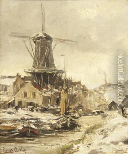 Mill In A Winter Landscape Oil Painting - Louis Apol