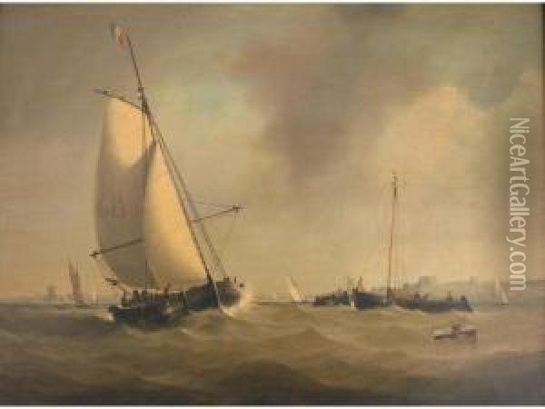 Dutch Fishing Boats In Coastal Waters Oil Painting - J. Scharpf