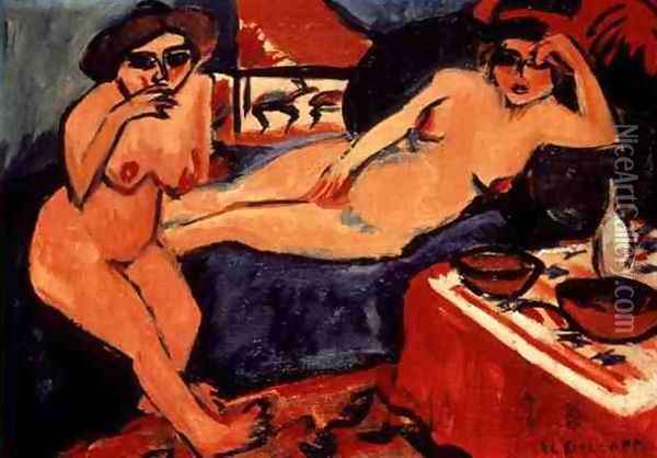 Two Nudes on a Blue Sofa Oil Painting - Ernst Ludwig Kirchner