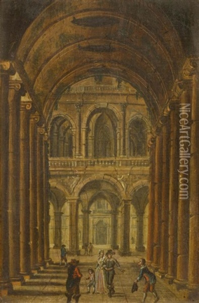 Pair Of Works: Church Interiors Oil Painting - Christian Stoecklin