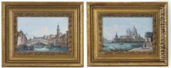 The Rialto Bridge, Venice; And Santa Maria Della Salute, Venice Oil Painting - Ippolito Caffi