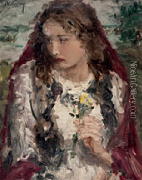 Bildnis Eines Madchens Mit Blumen In Der Hand Oil Painting - Aurel Naray