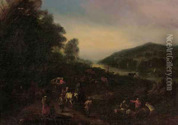 Peasants returning from market on a country road Oil Painting - Pieter Bout And Adriaen Fransz. Boudewijns
