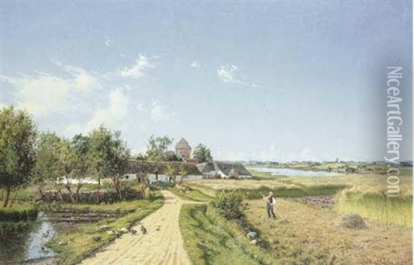 Danish Summer Landscape With A Dutch Gabled House Oil Painting - Carl Milton Jensen