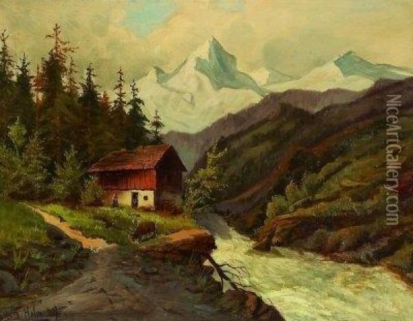 Almhutte Am Bachlauf In Sommerlicher Alpenlandschaft Oil Painting - Wilhelm Lorens Holm