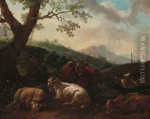 A drover resting with a cow, sheep and dog in a landscape Oil Painting - Philipp Peter Roos