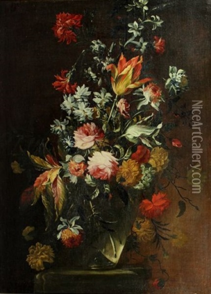 Bouquet De Fleurs Dans Un Vase En Verre Oil Painting - Mario Nuzzi