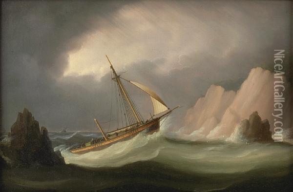 A Dismasted Schooner Running Into Dangerous Waters Oil Painting - Thomas Buttersworth