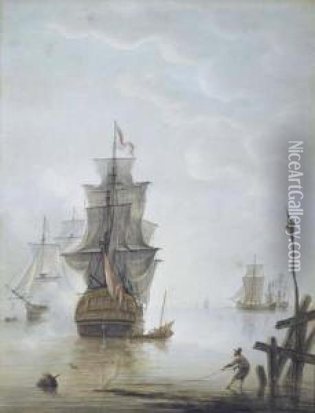 Marine With Large Sailing Ship. Oil Painting - Martinus Schouman