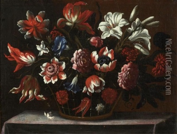 Flowers In Wirework Basket (+ Another, Lrgr; Pair) Oil Painting - Giuseppe Recco