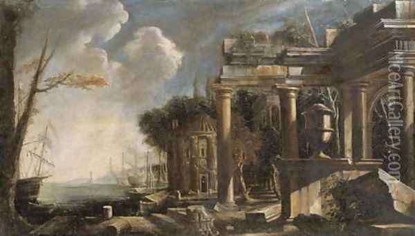 A Mediterranean harbor with a capriccio of classical ruins Oil Painting - Neapolitan School