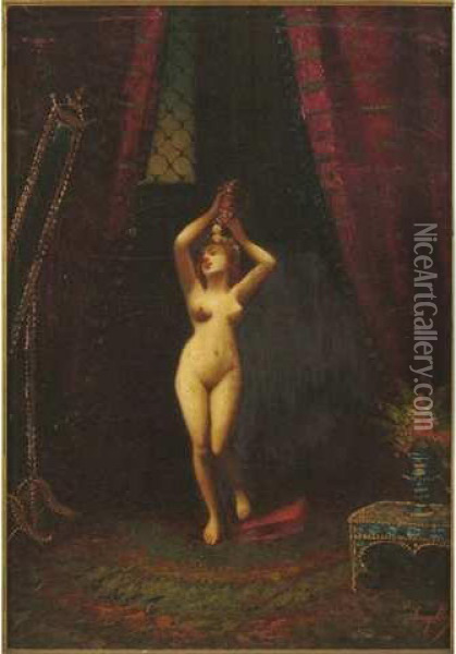 Femme Nue Se Mirant Dans Une Psyche Dans Un Interieur Oriental Oil Painting - Frederic Borgella
