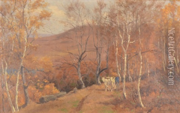 Steer In A Western Landscape Oil Painting - Thomas Allen