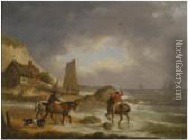 A Coastal Landscape Of The Isle Of Wight, With Figures On Horse Back Near A Cottage Oil Painting - George Morland