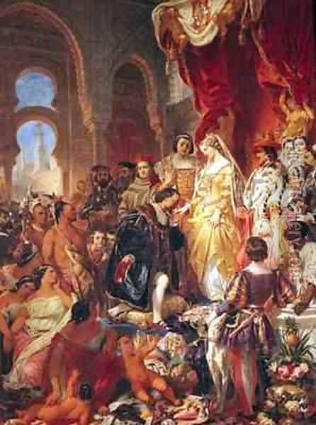 The Reception of Christopher Columbus 1450-1506 by Ferdinand II 1452-1516 of Aragon and Isabella 1451-1504 of Castille Oil Painting - Eugene Francois Marie Joseph Deveria
