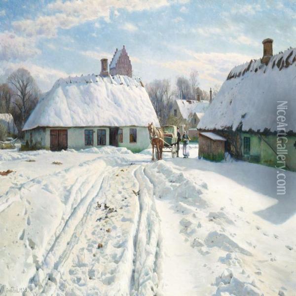 Winter Day In The Villagewith A Church In The Background Oil Painting - Peder Mork Monsted