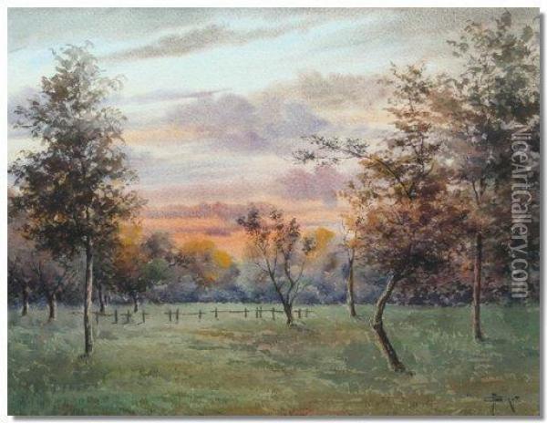 Girot, Parklandlandscape At Dusk, Watercolour, Signed, 34cms X 43cms Oil Painting - Francois Joseph Girot