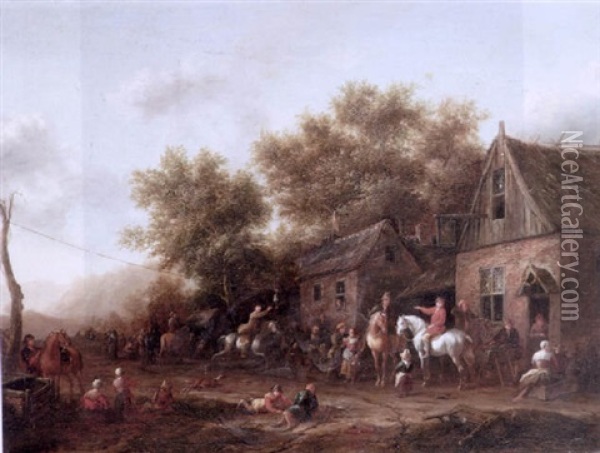 Riders Outside A Tavern With Other Figures In A Street Watching A Horseman Playing Ringsteken Oil Painting - Barend Gael
