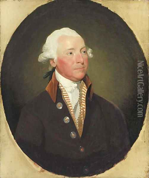 Portrait of a gentleman, said to be Sir John Leeds, Bt. (d. 1811), bust-length, in a brown jacket with a velvet collar Oil Painting - Gilbert Stuart