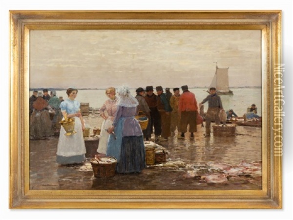 At The Fish Market Oil Painting - Hans Herrmann