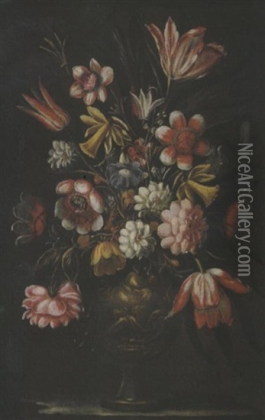 Vase De Fleurs Dans Un Cadre En Trompe L'ol Oil Painting - Mario Nuzzi