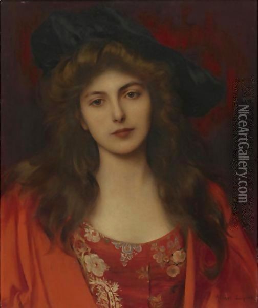 The Red Brocade Oil Painting - Albert Lynch