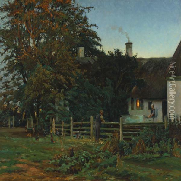 Small Talk By The Fence In The Evening Light Oil Painting - Sigurd Solver Schou