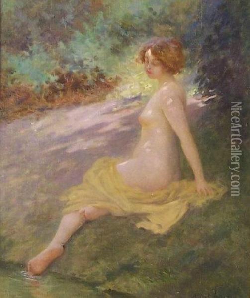 Testing The Water Oil Painting - Albert-Auguste Fourie