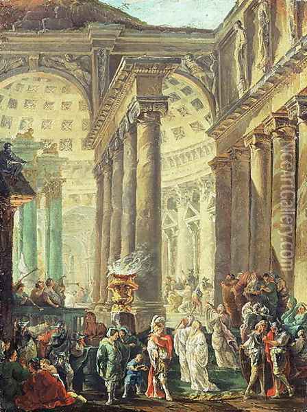 Capriccio of a Roman temple with Alexander the Great entering in triumph, 1755-60 Oil Painting - Hubert Robert
