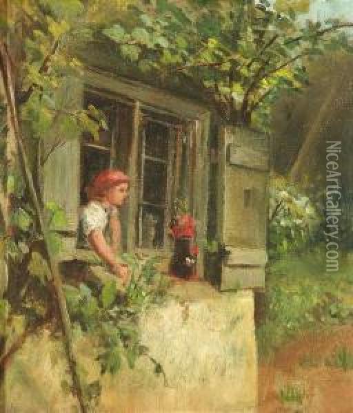 A Young Girl With A Red Headscarf At A Window Oil Painting - Pietronella Peters