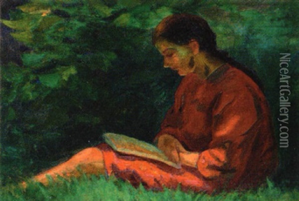 Femme A La Robe Rouge Dans Un Jardin Oil Painting - Frank Milton Armington