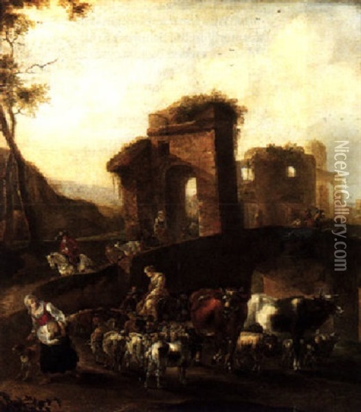 An Italianate Landscape With Herders And Animals Crossing A Roman Bridge Oil Painting - Willem Van Bemmel