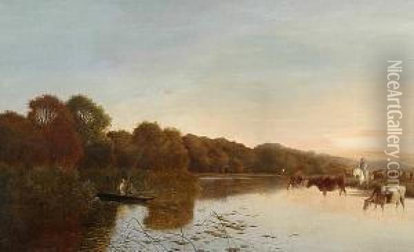 Cattle Watering At The River's Edge Oil Painting - Edwin H., Boddington Jnr.