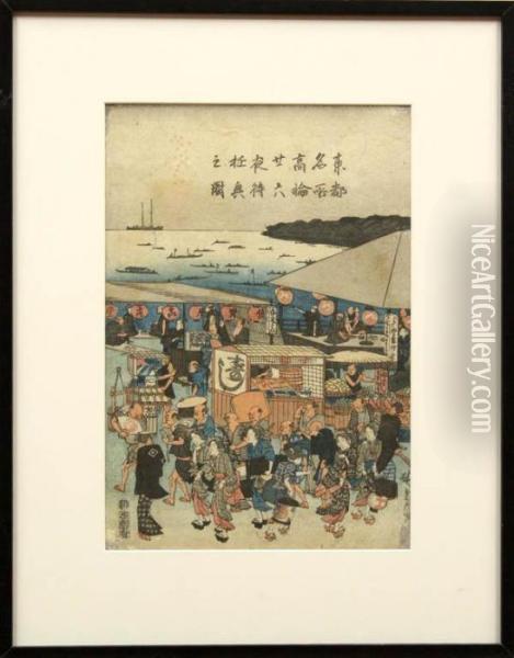 Two Sheets (center And Right) 
From The Triptyph Toto Meisho Takanawa Nijuroku-ya Machi Yukyo No Zu 
(feast In Waiting For The Moon At Takanawa Oil Painting - Utagawa or Ando Hiroshige