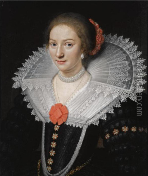 A Portrait Of A Lady, Half 
Length, Wearing A Black Dress With A White Lace Collar And Pearl 
Jewellery Oil Painting - Jan Anthonisz Van Ravesteyn
