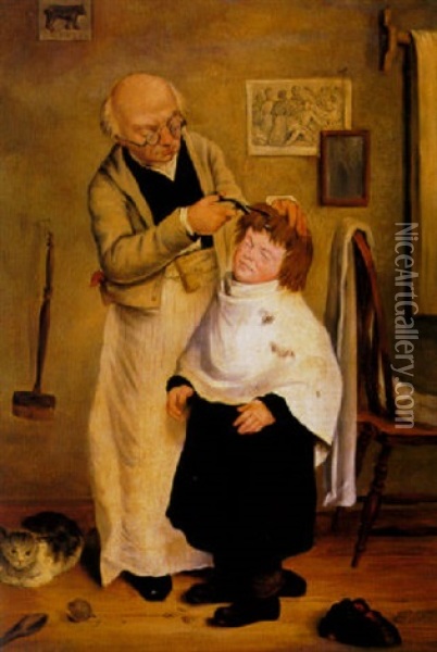 Getting His Hair Cut Oil Painting - Charles F. Blauvelt